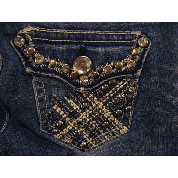 LA Idol USA Womens Jeans Blue Low-Rise Distress 1 Bootcut Flare Rhinestone - Picture 9 of 11